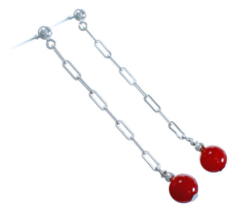 Sterling Silver Coral Post Dangle Chain Bead Earrings RX117868