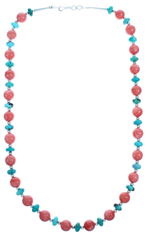 Southwest Turquoise and Pink Coral Sterling Silver Bead Necklace DX117798