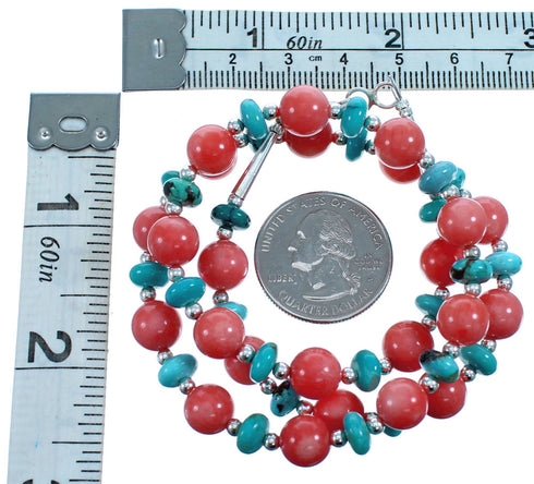 Southwest Turquoise and Pink Coral Sterling Silver Bead Necklace DX117798