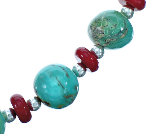 Turquoise and Coral Sterling Silver Southwest Bead Necklace DX117801