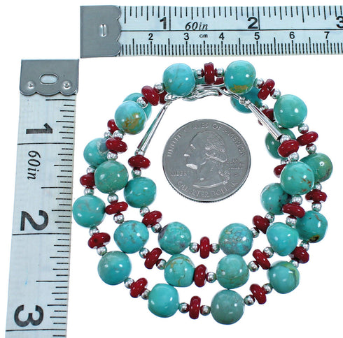 Turquoise and Coral Sterling Silver Southwest Bead Necklace DX117801
