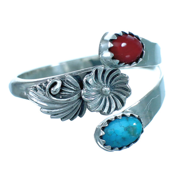 Sterling Silver Navajo Turquoise Coral Flower Leaf Adjustable Ring Size 10, 11, 12 BX118394