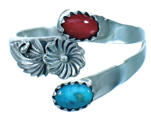 Sterling Silver Navajo Turquoise Coral Flower Leaf Adjustable Ring Size 10, 11, 12 BX118394