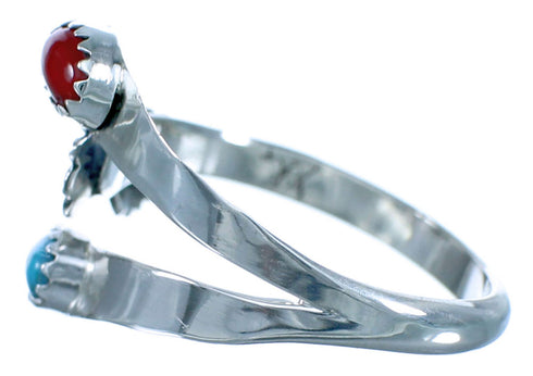 Sterling Silver Navajo Turquoise Coral Flower Leaf Adjustable Ring Size 10, 11, 12 BX118394
