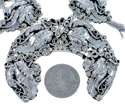 Sterling Silver Flower and Scalloped Leaf Navajo Squash Blossom Necklace Set CB118520
