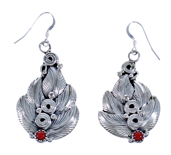 Navajo Authentic Sterling Silver Coral Leaf Hook Dangle Earrings EA118274