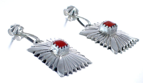 Navajo Patterned Coral and Sterling Silver Post Dangle Earrings CB118275