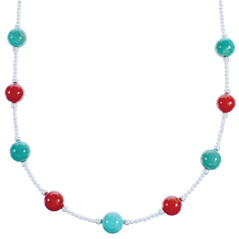 Sterling Silver Turquoise And Coral Bead Necklace BX118696