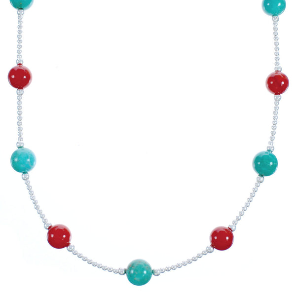 Coral Turquoise Sterling Silver Bead Necklace BX118701