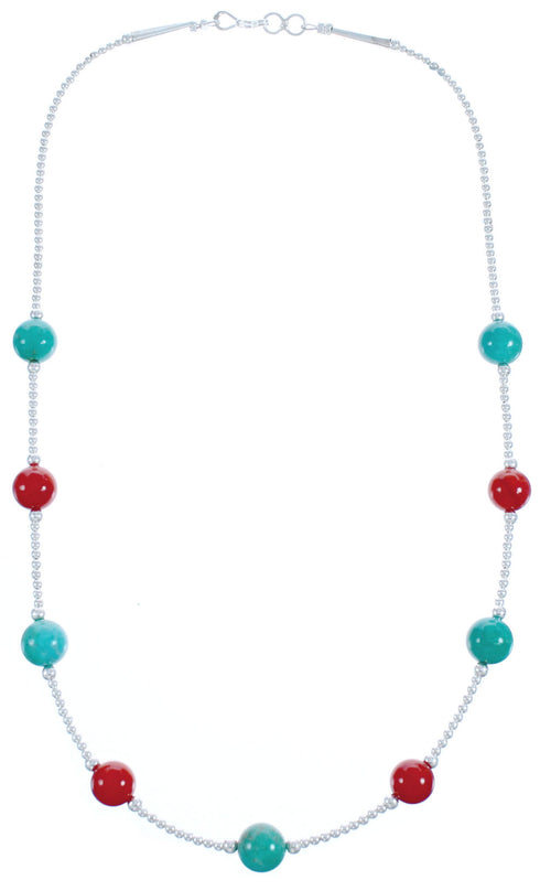 Coral Turquoise Sterling Silver Bead Necklace BX118701