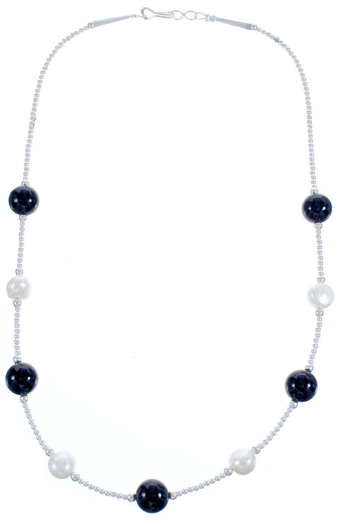 Onyx Fresh Water Pearl Sterling Silver Bead Necklace BX118708