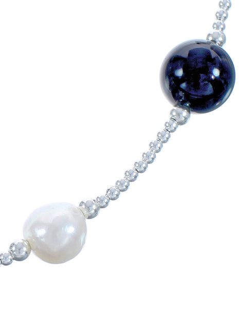 Onyx Fresh Water Pearl Sterling Silver Bead Necklace BX118708