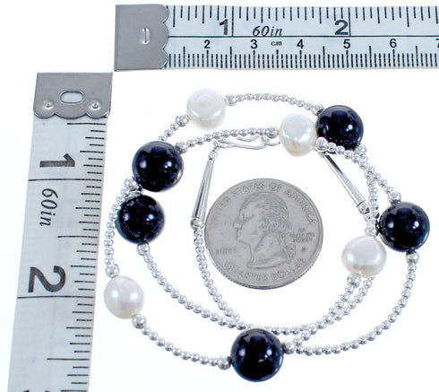 Onyx Fresh Water Pearl Sterling Silver Bead Necklace BX118708