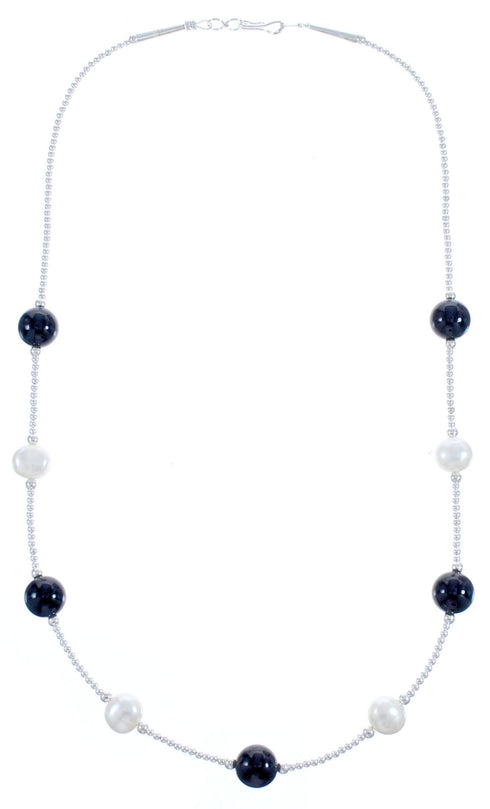 Sterling Silver Onyx Fresh Water Pearl Bead Necklace BX118713