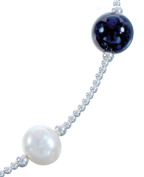 Sterling Silver Onyx Fresh Water Pearl Bead Necklace BX118713
