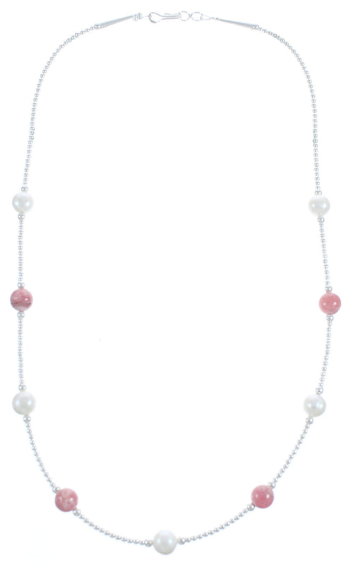 Rhodochrosite Fresh Water Pearl Sterling Silver Bead Necklace BX118727