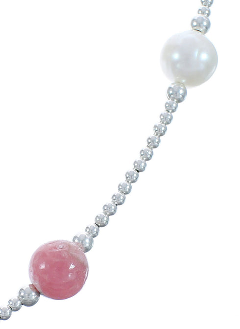 Rhodochrosite Fresh Water Pearl Sterling Silver Bead Necklace BX118727