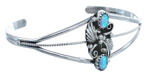 Blue Opal and Sterling Silver Native American Leaf Cuff Bracelet CB118402