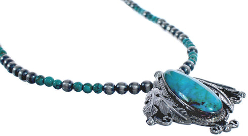 Native American Feather Turquoise Sterling Silver Bead Necklace BX118916