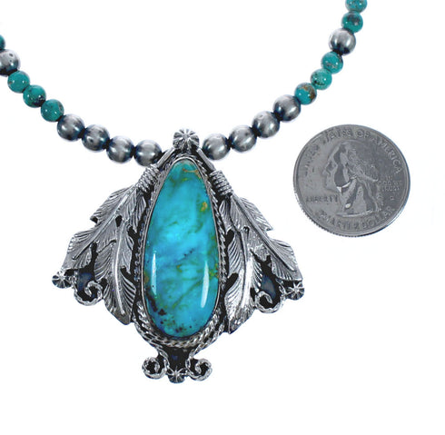 Native American Feather Turquoise Sterling Silver Bead Necklace BX118916
