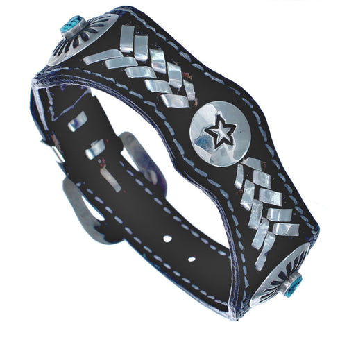 American Indian Sterling Silver Turquoise Leather Star Bracelet JX130239