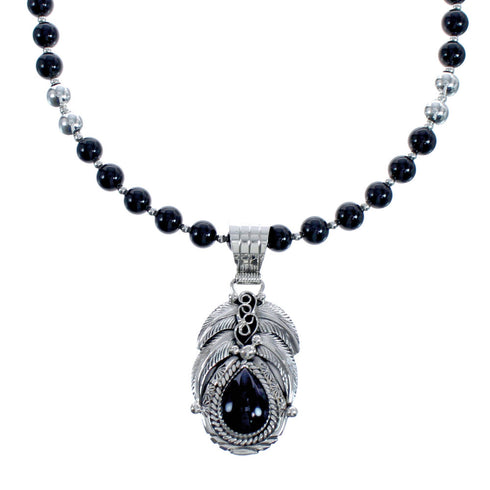 Onyx Sterling Silver Native American Leaf Bead Necklace BX119112