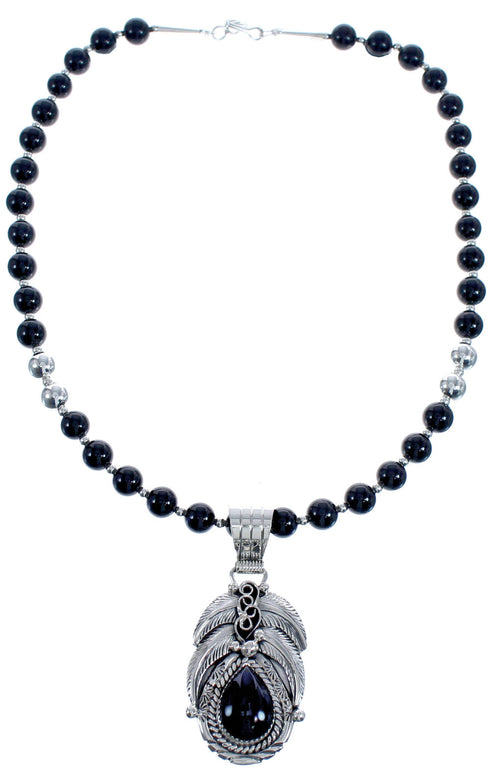 Onyx Sterling Silver Native American Leaf Bead Necklace BX119112