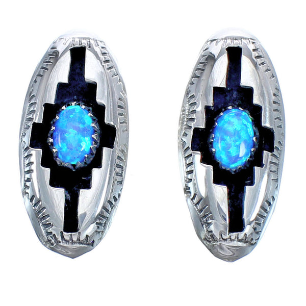 Navajo Indian Blue Opal Genuine Sterling Silver Post Earrings RX119245