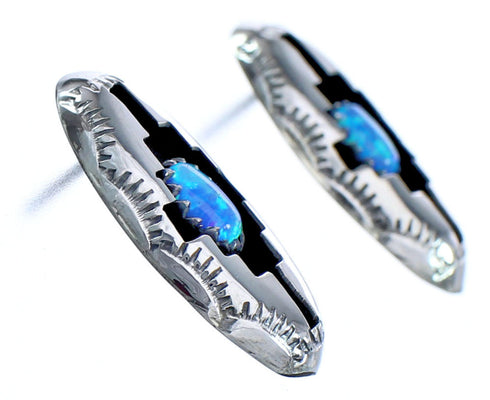Navajo Indian Blue Opal Genuine Sterling Silver Post Earrings RX119245