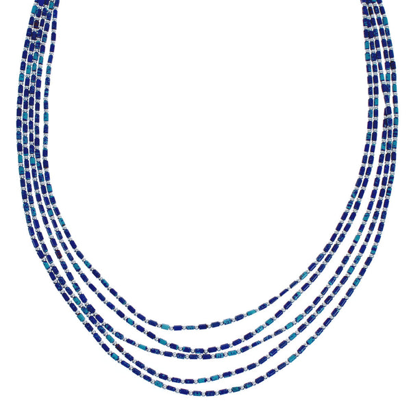 Azurite Hand Strung Sterling Liquid Silver 16" 5-Strand Necklace RX119120