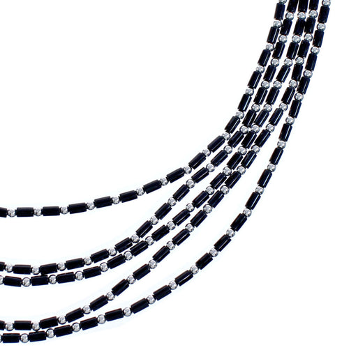 5-Strand Hand Strung Sterling Liquid Silver 16" Onyx Necklace RX119138