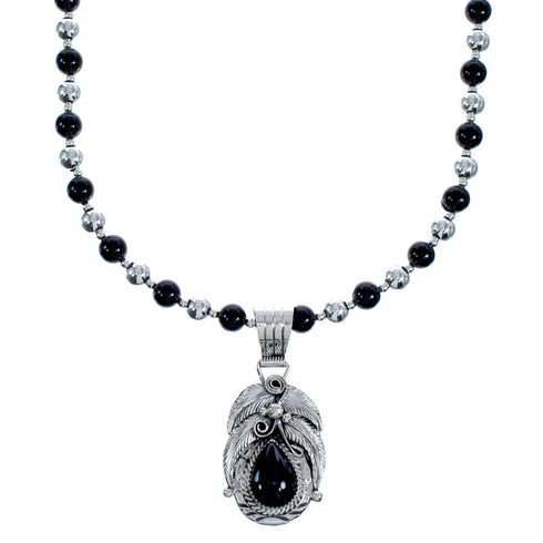 Native American Onyx Sterling Silver Leaf Bead Necklace BX119116