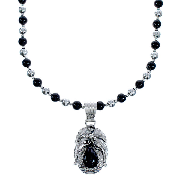 Native American Onyx Sterling Silver Leaf Bead Necklace BX119116