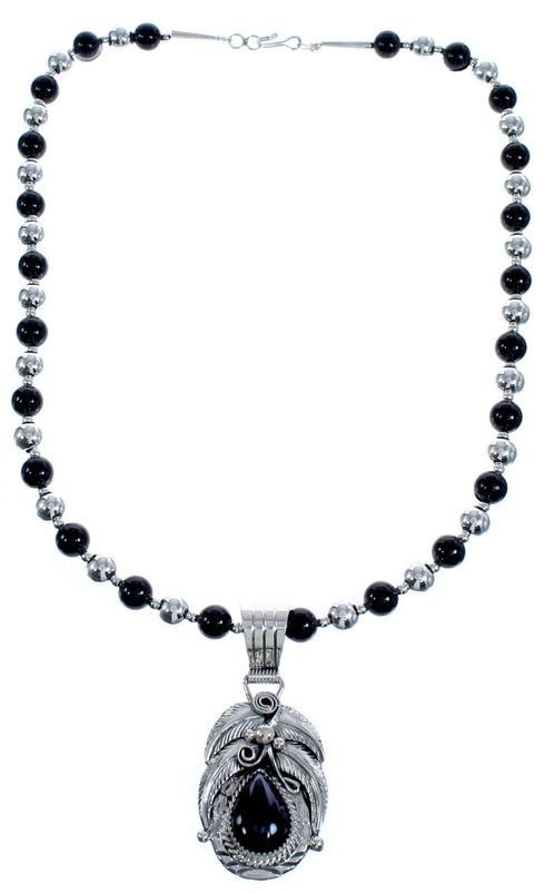 Native American Onyx Sterling Silver Leaf Bead Necklace BX119116