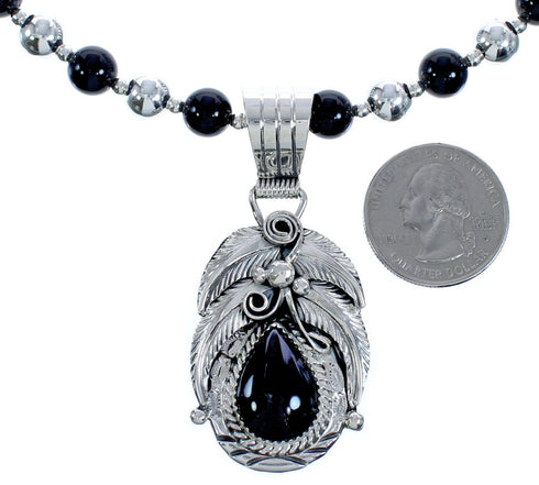 Native American Onyx Sterling Silver Leaf Bead Necklace BX119116