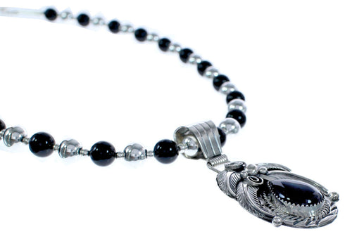 Native American Onyx Sterling Silver Leaf Bead Necklace BX119116