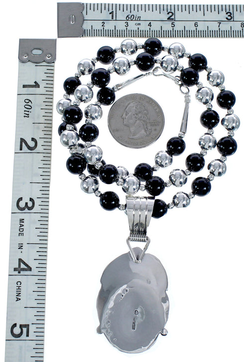 Native American Onyx Sterling Silver Leaf Bead Necklace BX119116