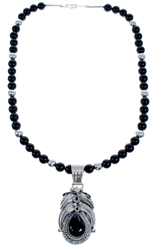 Onyx Sterling Silver American Indian Leaf Bead Necklace BX119113