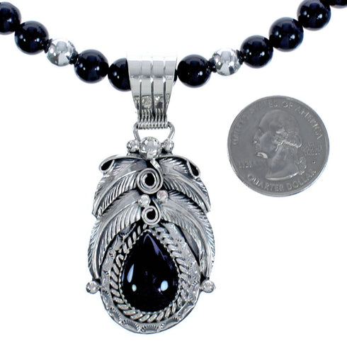 Onyx Sterling Silver American Indian Leaf Bead Necklace BX119113