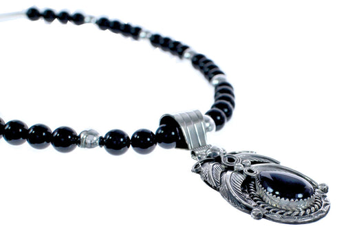 Onyx Sterling Silver American Indian Leaf Bead Necklace BX119113