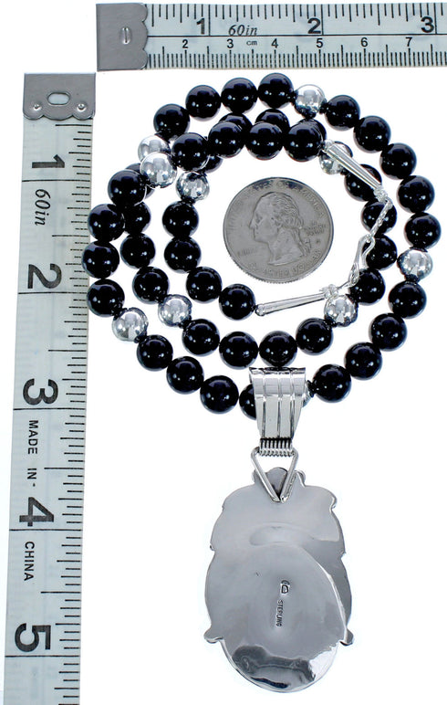 Onyx Sterling Silver American Indian Leaf Bead Necklace BX119113