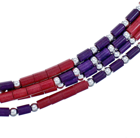 Coral And Sugilite Hand Strung Liquid Sterling Silver 5-Strand Necklace BX120691