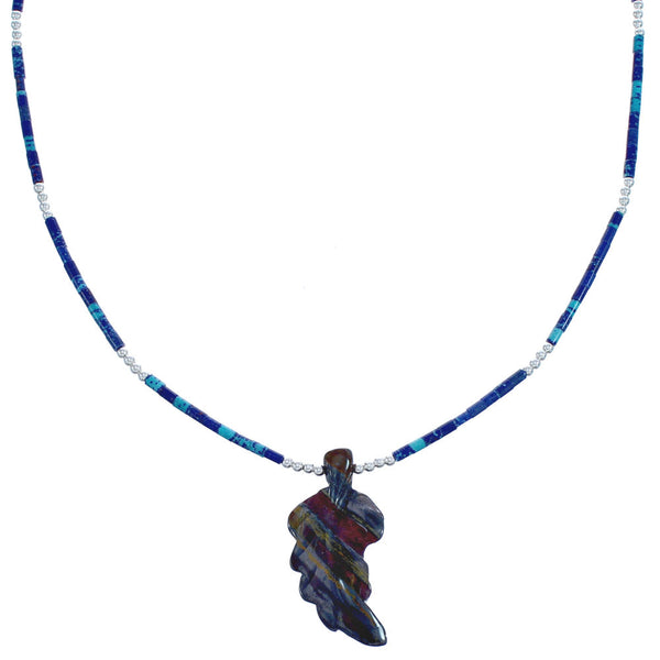 Genuine Sterling Silver Azurite And Jasper Leaf Southwestern Bead Necklace BX120801