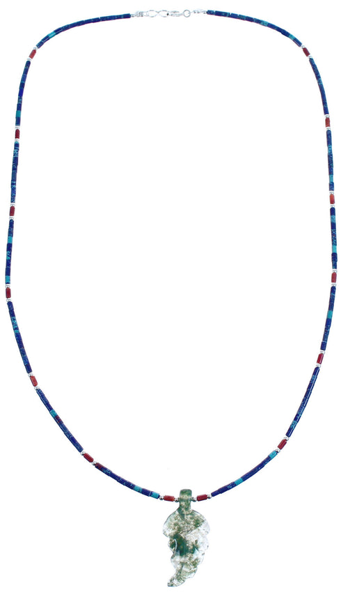 Genuine Sterling Silver Southwestern Multicolor And Azurite Leaf Bead Necklace BX120837