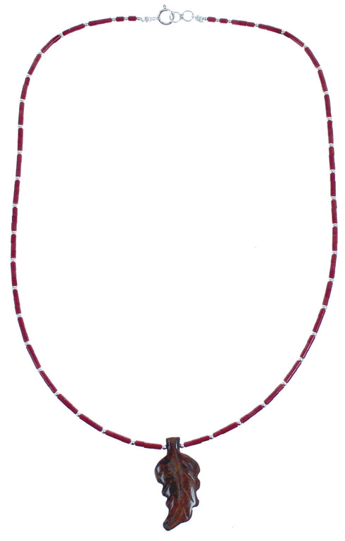 Coral And Agate Bead Leaf Southwestern Authentic Sterling Silver Necklace BX120843