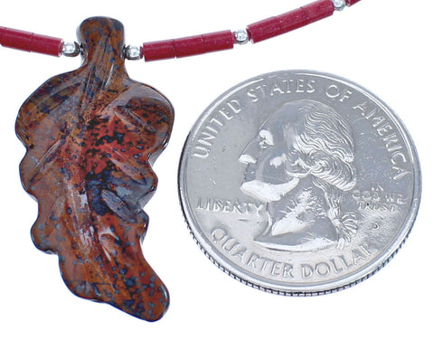 Coral And Agate Bead Leaf Southwestern Authentic Sterling Silver Necklace BX120843