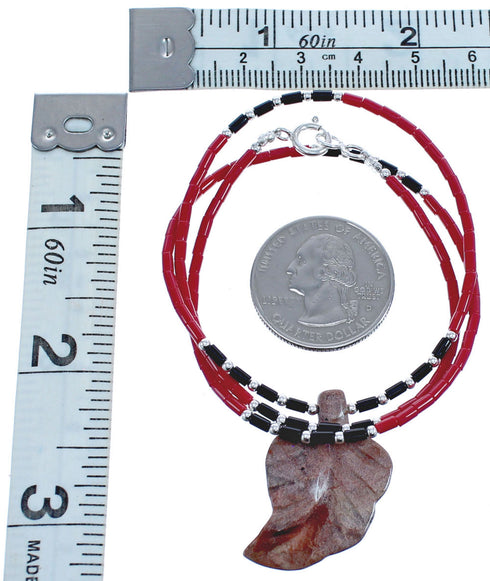 Authentic Sterling Silver Coral And Onyx Bead Leaf Necklace BX120858