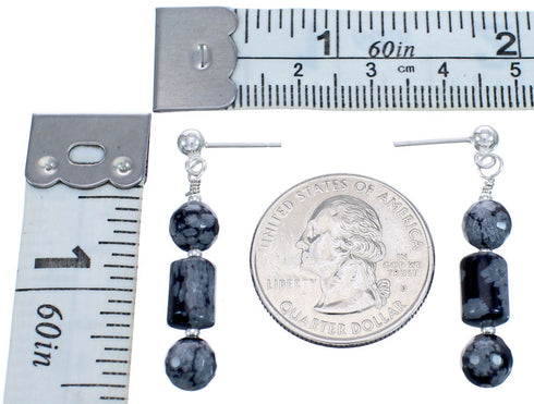 Authentic Sterling Silver Snowflake Obsidian Bead Post Dangle Earrings BX119913