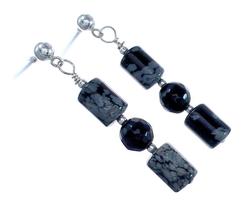 Snowflake Obsidian Genuine Sterling Silver Bead Post Dangle Earrings BX119914