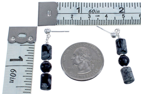 Snowflake Obsidian Genuine Sterling Silver Bead Post Dangle Earrings BX119914